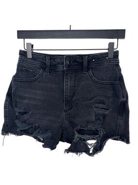 Hollister 26 Black Ripped High Rise Curvy Jean Shorts Raw Hem Distressed